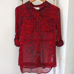 Michael Kors red leopard print button down with studded collar XXS